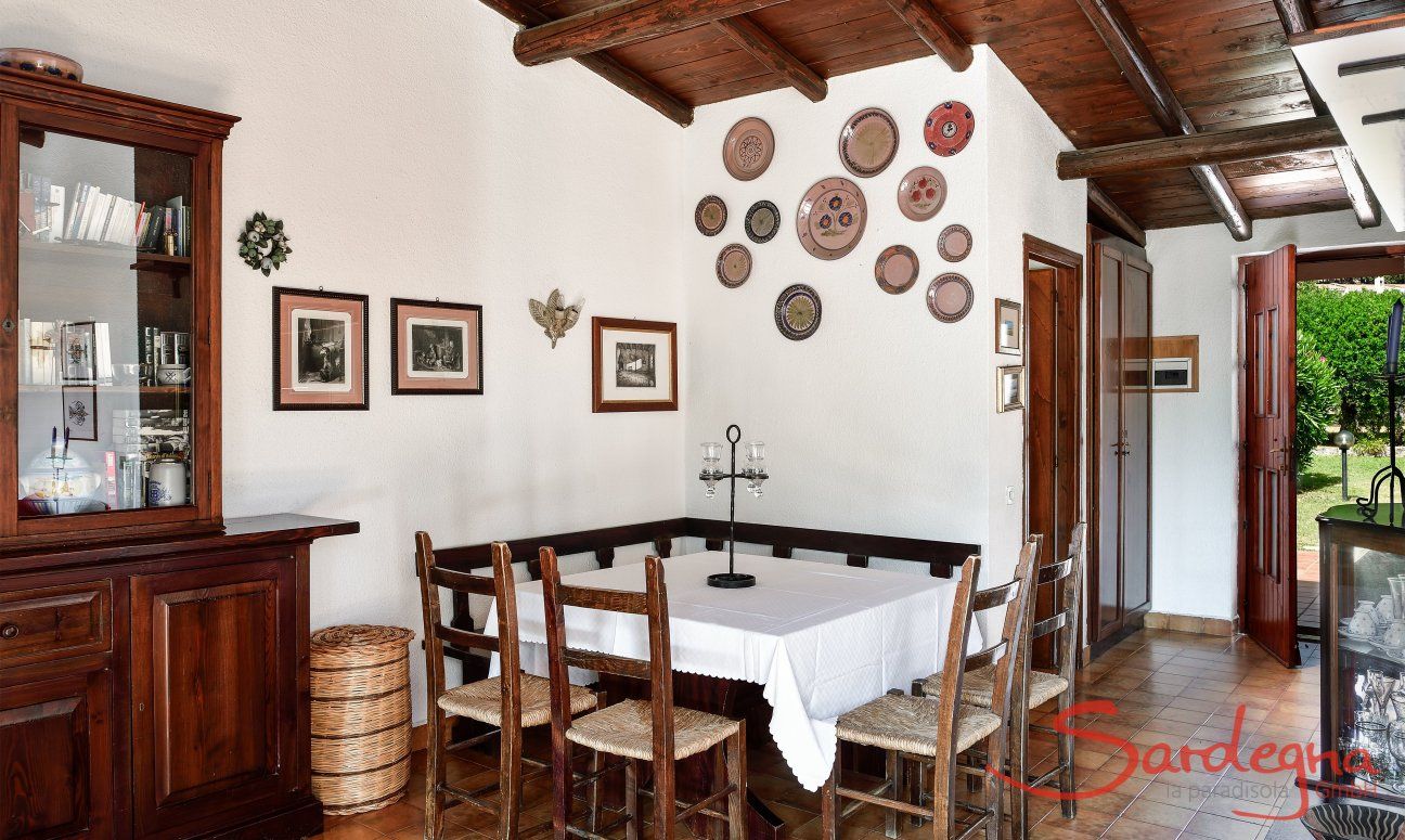 Dining area inside with sardinian decoration 